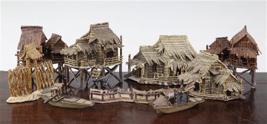 Ten Japanese stoneware models of houses, boats and bridges, early 20th century, tallest 9cm